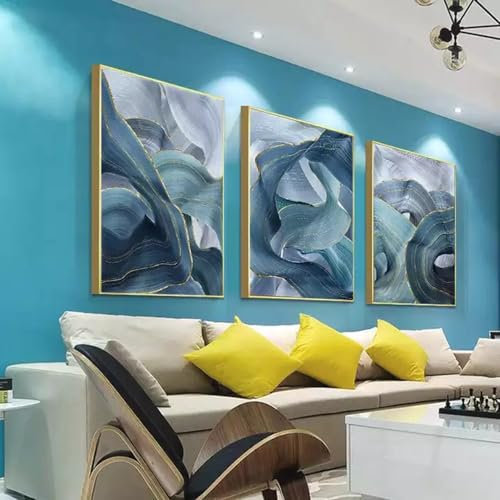 3 Stück Leinwand Bilder Wohnzimmer Marmor Blau Gold Poster Abstrakte Bilder Blau Textur Leinwandbilder Nordische Leinwand Malerei Ohne Rahmen (Blau Gold,50x70 cm)
