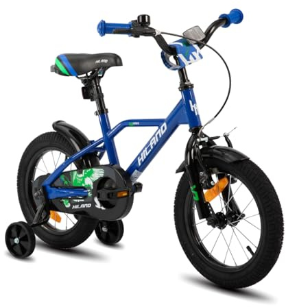 HILAND 16 Zoll Kinderfahrrad für Jungen 3 4 5 6 Jahre mit Stützrädern, Handbremse und Rücktrittbremse Blau