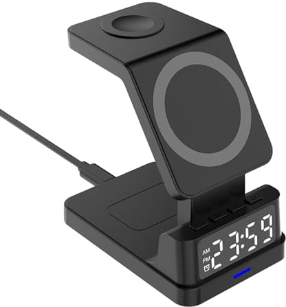 Väckarklocka med trådlös laddning, 4-i-1 smart väckarklocka, 5 W magnetisk telefonladdningsstationshållare, trådlös laddningsradio med chipset för skolan,