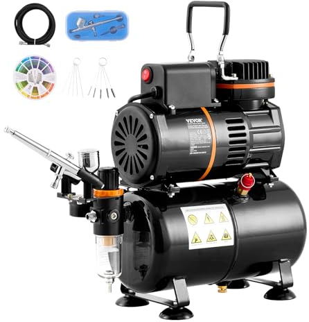 VEVOR Kit Aerografo,con Compressore 2 Ventola Serbatoio Aria 3,5 Litri, Set Aerografo con Punta da 0,3 mm, Supporto, Ruota di Miscelazione Colori, Set di Spazzole per Tatuaggio Artistico Biscotti