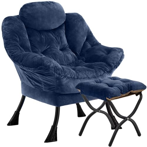 Congermom Lazy Chair with Folding Ottoman,Leisure Sofa Chair,Soft Fabric Armchair with Armrests and Side Pockets, Reading Chair with Footrest for Living Room, Bedroom, Office (Plush Navy)