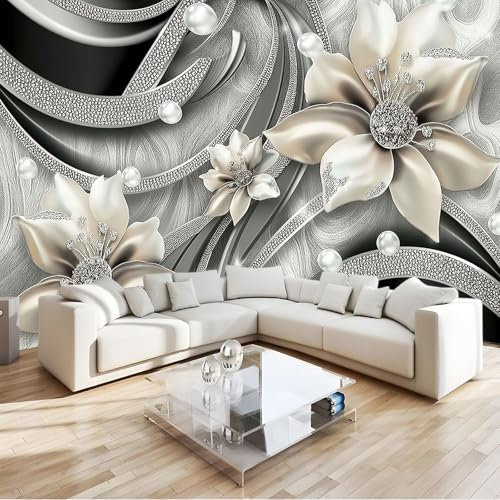 Papel Tapiz Fotográfico Papel Tapiz Relieve Metal Floral Plata 3D Art Mural Cafe Restaurant Dormitorio Decoración para el Hoga Murales Papel Pintado a Papel Fotomural Dormitorio 200x140 cm