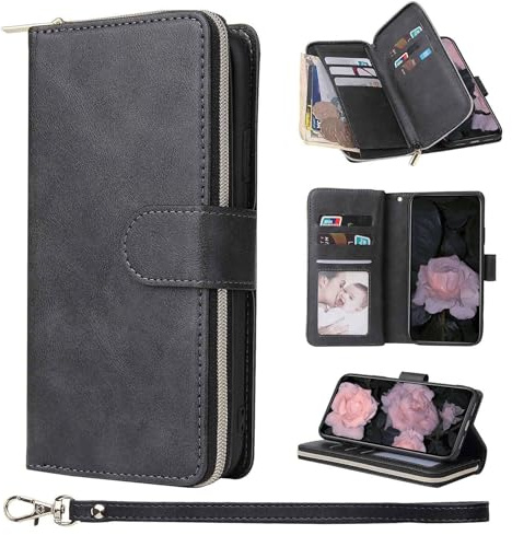 ZCDAYE Leather Phone Case for iPhone 16 Pro Max Wallet Case, Black | Practical Flip Case with Card Holder, Wrist Strap, Zipper Pocket, Magnetic Closure, Elegant Women Cases Phone Cover Holster