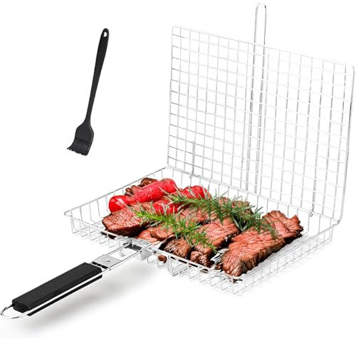 SHIKORI BBQ Fish Grill Basket for Outdoor Grill, Stainless Steel Vegetable Grilling Basket with Detachable and Foldable Handle Includes basting Brush (deep basket)