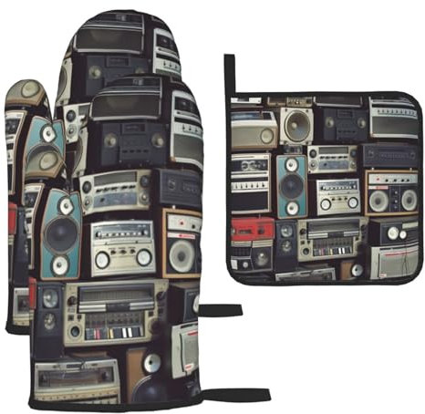 Ofenhandschuhe und Topflappen-Set, 3-teilig, Küche, Ofenhandschuh, Vintage, Wandmontage, Boombox, Ofenhandschuh, hitzebeständig, Ofenhandschuh zum Kochen, rutschfeste Kochhandschuhe, waschbare