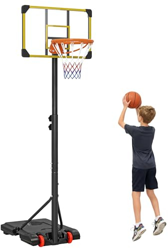 SPORTNOW Canestro da Basket Regolabile per Adulti, Canestro da Esterno Altezza 2.1-2.4 m con Ruote e Base Riempibile, Giallo