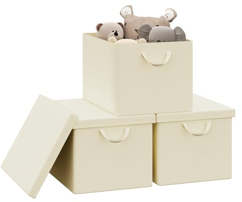 WOLTU Aufbewahrungsbox mit Deckel 3 Stück, mit Griffen, Creme,48x36x30 cm | aus Polyesterstoff, für Schlafzimmer, Arbeitszimmer, Wohnzimmer, Organizer Box mit Griffen, faltbar,