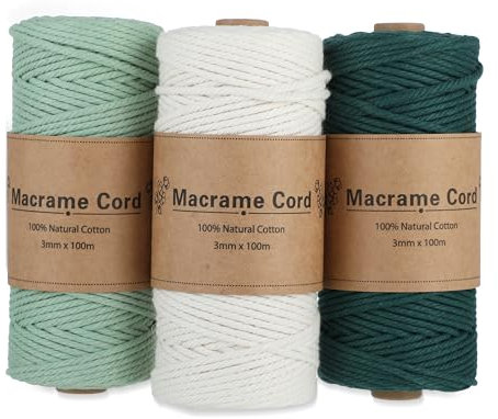 Set di filo macramé in cotone, 3 mm, 3 rotoli, blu, verde e bianco, corda macramé per DIY, creazione di arazzi e decorazioni Boho, filo polyester per borse uncinetto, perfetto per un macramé kit.