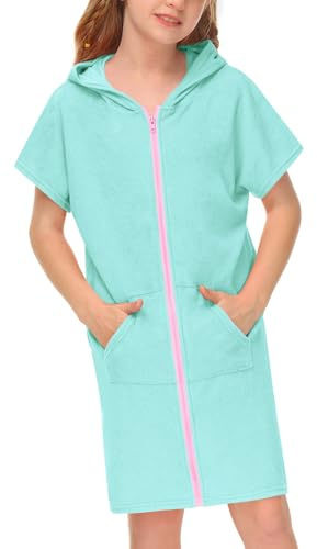 BesserBay Mädchen Kurzarm Frottee Badeponcho mit Kapuze Taschen Reißverschluss Unisex Surf Poncho Grün 150