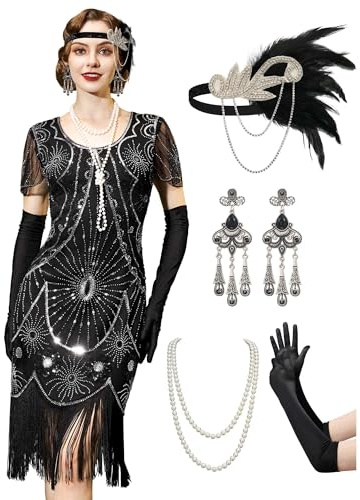 YESSA 20er Jahre Kostüm Damen, Gatsby Kleid Damen mit Accessoires Set, Charleston Flapper outfit damen,Schwarz Silber,X-groß