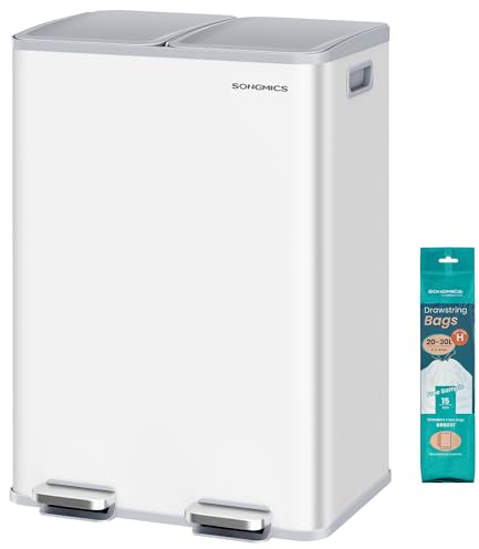 SONGMICS Cubo de Basura de Cocina, 2 x 30 L, 2 Compartimentos, Papelera de Pedal, con Tapa de Cierre Suave y Cubo Interior, Acero, Incluye 15 Bolsas de Basura, Blanco Mate LTB741W02