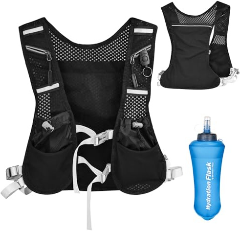 Gilet da corsa per uomo e donna, con 1 borraccia da 500 ml, cinghie regolabili sul petto, ultraleggero, catarifrangente, per corsa, ciclismo (nero, extra largo)