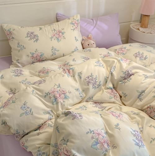 Sedefen Blumen Bettwäsche 135x200cm Rosa Lila Floral Mädchen Beige Bettbezug Pflanzen Blumenmuster Weiche Microfaser ÖKO-TEX Renforce Bettwaren-Sets mit Reißverschluss und 1 Kissenbezug 80x80cm
