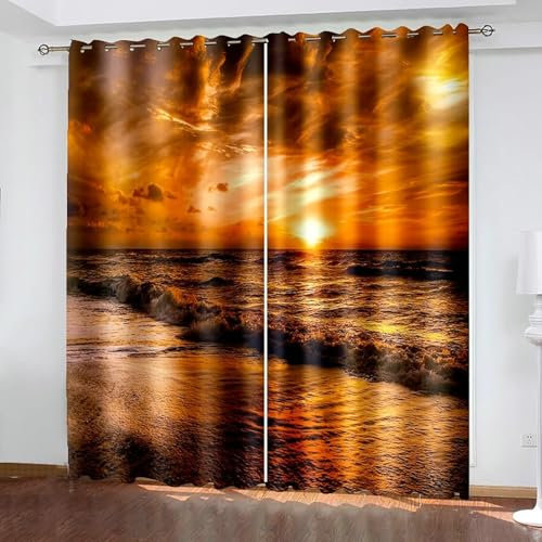 Bishilin Gardinen Verdunkelung 2er Set 214x274CM, Vorhänge Blickdicht Fenster Landschaft Sonnenuntergang am Meer Motiv Verdunklungsvorhänge mit Ösen Jugendzimmer