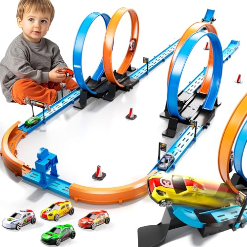 Toy Car Track Set for Boys Kids Age 3-5 4-7 8-12, Long Race Tracks with 4 Action Loops and 4 High-Speed Slot Cars, 35+ Pieces of Race Track to Create Multiple Configurations