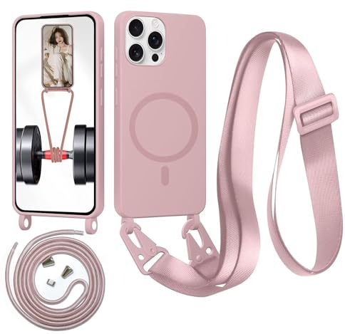 Beajew Handykette für iPhone 12 Pro/iPhone 12 Hülle mit Band [Kompatibel mit Magsafe] Flüssig Silikon Necklace Handyhülle Magnetische Schutzhülle zum Umhängen Kordel für iPhone 12, Sandpulver
