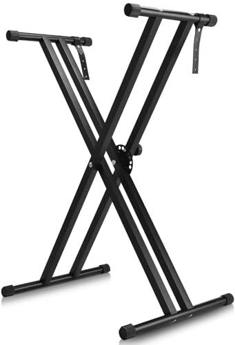 Keyboardständer-Doppelstrebig Keyboard Ständer mit Sicherheitslaschen, höhenverstellbar in 7 Stufen von 25-93cm, X-Form piano stand faltbar und abnehmbar, kann für 54/88 Tasten E-Piano, Kinderklavier