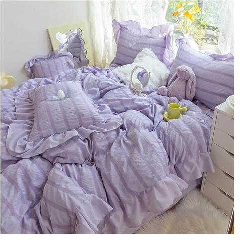 Bed, Ultra Soft Seersucker Fabric Ruffle White Bedding Set Double Queen King 4Pcs Quilt Duvet Cover Flat Bed Sheet 2 Pillowcases, MM-102