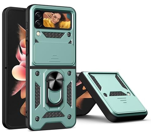 JayModCase Hülle für Samsung Galaxy Z Flip 4 Handyhülle Slide Kameraschieber Case Drehbarer Ringhalter Militärische Rüstung Stoßfest Kratzfeste Schutzhülle Handy Hüllen Samsung Z Flip 4 - Dunkelgrün