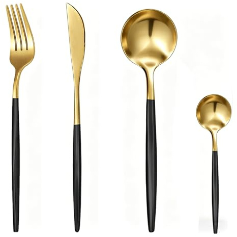 24-Piece Stainless Steel Cutlery Set – Knife Fork Spoon Set for 6 (Black Golden)