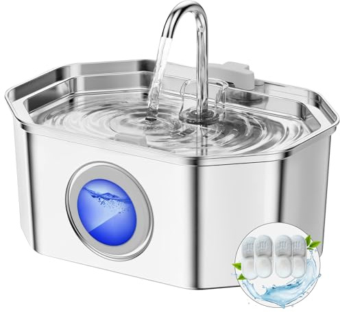 Fontaine a Eau Chat INOX, Apauk 3.2L Fontaine à Eau Chat,Fontaine Chats silencieuse,LED fenêtre, sont faciles à Nettoyer, Fontaine a Eau Petit Chien (Lot de 4 éponges et filtres)