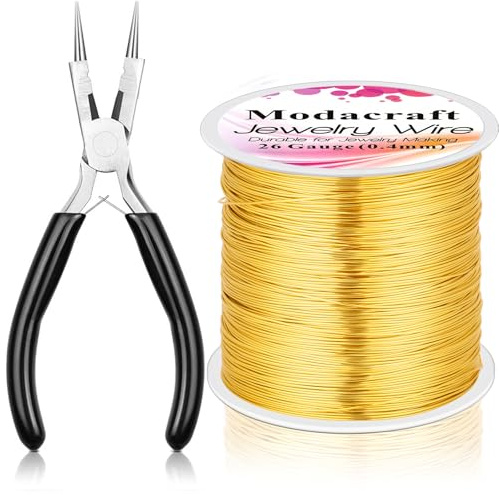 ModaCraft 26 Gauge Ultra-FINE Jewelry Wire Gold (328ft/100m) + 4-in-1 Ergonomic Pliers Set | Tarnish Resistant Copper Craft Wire for Wire Wrapping, Beading & Micro Jewelry Making | DIY Supplies Kit
