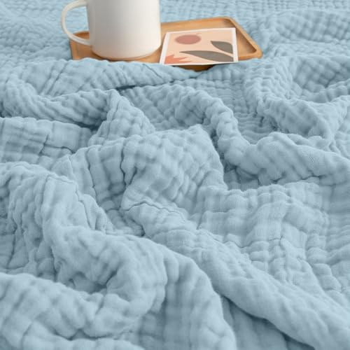 MeYuxg Musselin Decke 150 x 200cm, Muselindecke Erwachsene,100% Baumwolle Throw Blanket, Musselin Sommerdecke, Musselins Tagesdecke, Musselins Bettdecke für Bett & Sofa, Ganzjahresdecke (Blau)