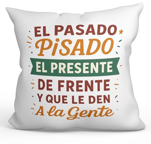MUGFFINS Cojín con Relleno Cojines Originales para Regalar | Cojines Divertidos | Humor | El Pasado pisado el Presente de Frente... en Español | 40x40cm | poliéster | Graciosas v2