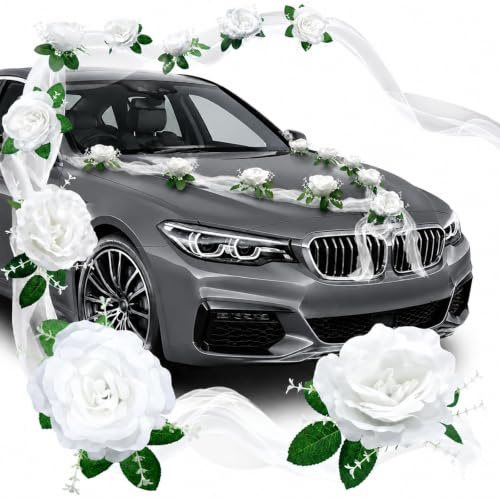 OMJMYY Autoschmuck Hochzeit Deko mit Autoschleifen und Blumenschmuck, Weiß | Motorhaube Dekoration, Braut Paar Rose Deko, Girlande für Hochzeit Party, Wedding Auto Deko