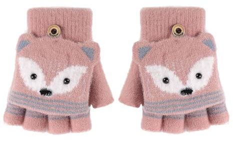 Faxianther Kinder Fingerlose Handschuhe mit Klappe Winter Fausthandschuhe Baby Warme Thermo Handschuhe Klappbare Strickhandschuhe mit Plüschfutter Flauschige Fäustlinge Handschuhe Winterhandschuhe