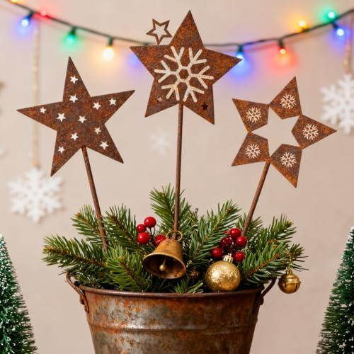 Gartenstecker Weihnachten Aus Metall Rost – 3er Set Stern Gartenstecker, Weihnachtsdeko Garten & Weihnachtsdeko Outdoor Rost, Stern Deko Für Blumentöpfe, Terrasse & Winterdeko
