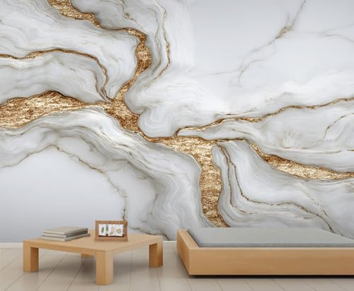 3D Marble Texture Mural White Gold Marble Wall Mural Luxury Stone Crack Murals Modern Minimalist Wallpaper Customizable Photo Wallpaper for Living Room 350 x 256 cm