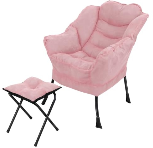 Beistellstuhl mit Fußhocker, Relaxliege, Armlehnen, Seitentaschen, Lesesofa aus weichem Stoff, für Wohnzimmer, Schlafzimmer, Arbeitszimmer, kleiner Raum, Fuß Rosa