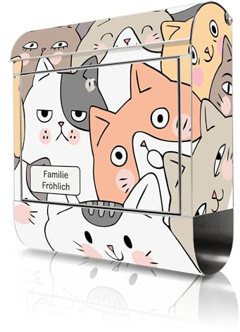 banjado Briefkasten Edelstahl personalisiert 38x43x12cm & 2 Schlüssel - rostfreier Edelstahl Briefkasten mit Zeitungsfach - Postkasten A4 Einwurf inkl. Montagematerial - Motiv Katzen Gruppe neugierig