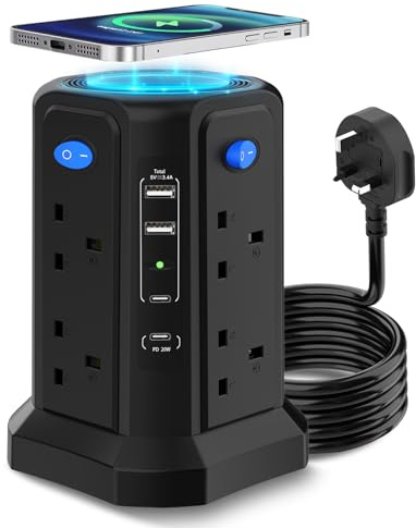 Tower Extension Lead with USB Slots, 3M 13A 3250W 13-in-1 Power Strip with Top Wireless Charging Pad, 8 AC Sockets, 2 USB-A & 2 USB-C, 4 Independent Switches, Surge Protected for Home & Office