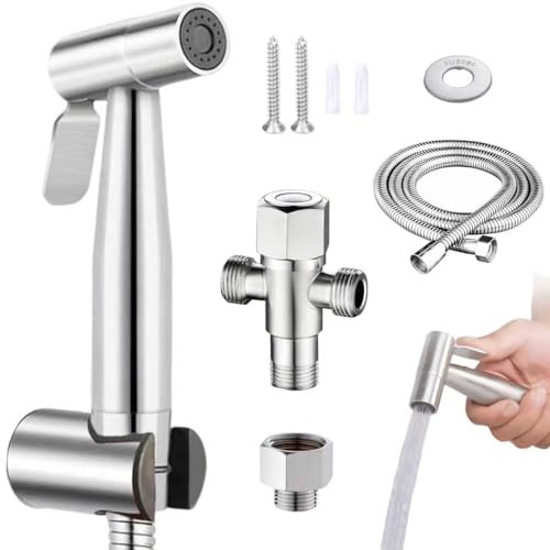 Pulvérisateur à Main avec Adaptateur 1/2 Pouce vers 3/8 Pouce, Kit Douchette WC avec Flexible 1,5 m, Acier Inoxydable, Bidet Toilette WC pour Nettoyage des Toilettes, Animaux et Hygiène Personnelle