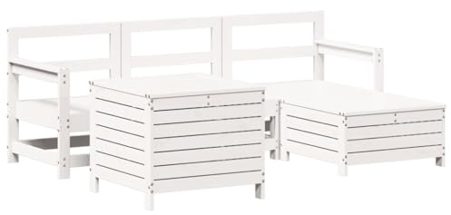 QJBSAVVA 5-tlg. Garten-Sofagarnitur in Weiß, Lounge-Set aus Kiefer Massivholz, Modulares Palettenmöbel Set für Garten, Balkon und Terrasse, Holz-Gartenmöbel mit Ecksessel, Mittelsofa, Hocker und Tisch