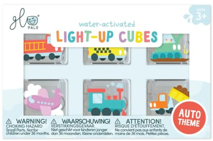 Glo Pals Lot de 6 cubes lumineux pour voiture – Cubes lumineux activés par l'eau avec motifs de véhicules, cubes lumineux pour baignoire, jeu d'eau et jeux sensoriels, à partir de 3 ans