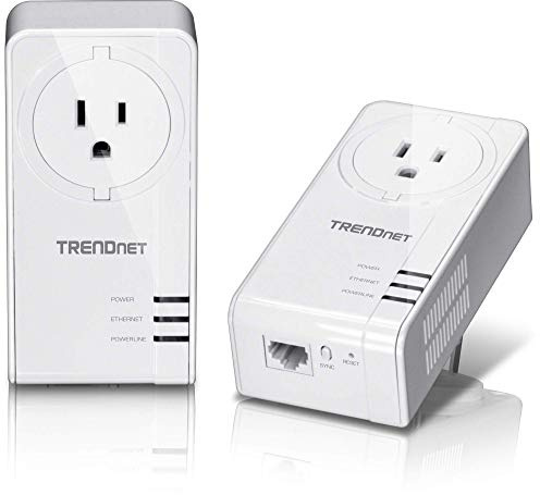 TRENDnet Powerline 1300 AV2 Adapter with Built-in Outlet Adapter Kit, Includes 2 x TPL-423E Adapters, IEEE 1905.1 & IEEE 1901, Gigabit Port, Range Up to 300m (984 ft), White, TPL-423E2K