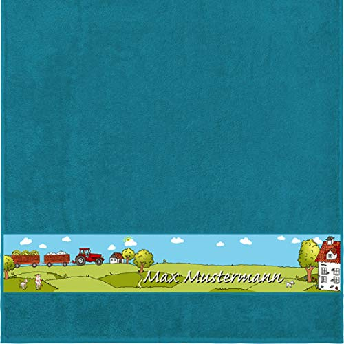 Manutextur Duschtuch mit Namen - Motiv Kinder - Bauernhof - viele Farben & Motive - personalisiert - Petrol - Größe 70x140 cm - persönliches Geschenk