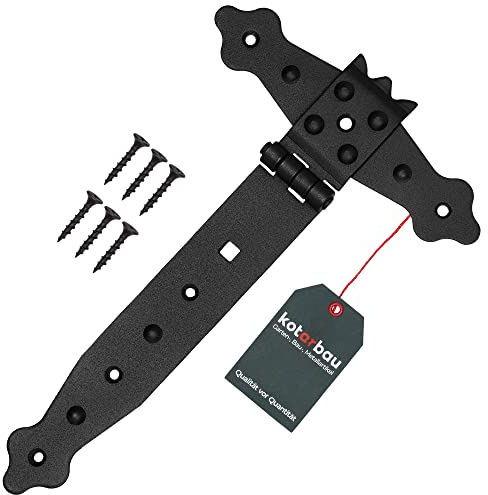 KOTARBAU® Gancio a croce nero, 200 mm, cerniera nera, piastra per porta, collegamento in legno, verniciato a polvere, cerniera per porta esterna