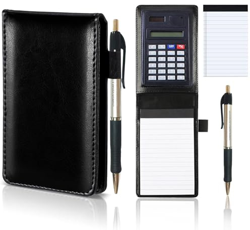 KXF A7 Leder-Notizbuch, klein, Einkaufs-Notizblock, handliches Notizblock, liniert, Reporter, mit Stift und Taschenrechner, barer Schreibblock, 80 Seiten