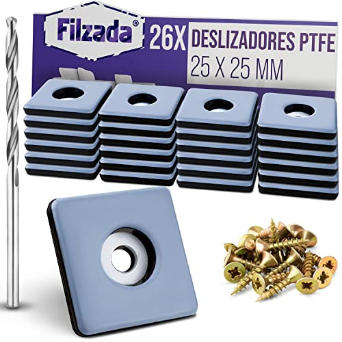 Filzada® 26x Teflongleiter zum Schrauben 25x25mm Eckig - Möbelgleiter PTFE | Stuhlgleiter inkl. Schrauben & Bohrer - Teppichgleiter PTFE raue Böden, Fliesen, Teppich - hohe Belastbarkeit - geräuscharm