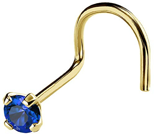 22G Solid 14Kt Gold Nose Screw Stud with Prong Set real Blue Sapphire Gemstone, 14kt Yellow Gold or 14kt White Gold - September Birthstone Nose Ring, Metal, sapphire