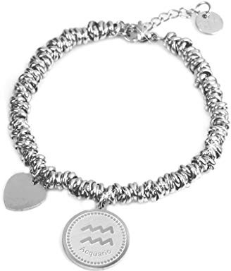 Flowers Bracciale in Acciaio a Maglia intrecciata Con Ciondolo Tondo Segno Zodiacale e Piccolo Ciondolo Cuore. Bracciale dello Zodiaco elegante spedito con sacchettino di Organza (Acquario)