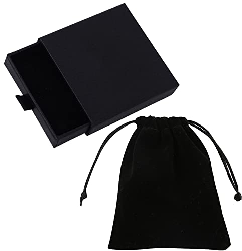 Acehome Jewelry Gift Box with Velvet Bag, Necklace Bracelet Earring Kraft Organizer Box Portable Square Lidded Pendent Storage Case for Birthday Xmas Christmas Wrapping-Black/9x9x1.8cm
