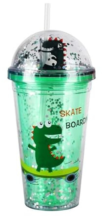 CJHZQYY Plastikbecher Mehrweg, Trinkbecher Dinosaurier Nette Wasserflasche Cartoon Pailletten Wasserflaschen mit Strohdeckel, Doppelte transparente Kaffeetasse Reisebecher - 500ML (TYP2)