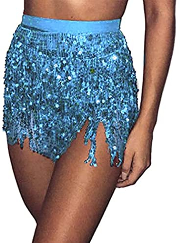 Bauchtanz Quaste Fransenrock Sexy Pailletten Rock Outfit Rave Rock Hüfttuch Kostüme Hip Glitzer Rock Franse Rock Glitzer Rock Karneval Kostüm (Einheitsgröße,Robin Blau)