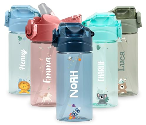 BIENMARQUER - Gourde Enfant Personnalisable 450mL avec Paille Anti-Fuite | Inclus bouchon anti-fuite, fermeture à clip et une paille - Plastique 100% sans BPA - Parfait pour l'école et la maternelle