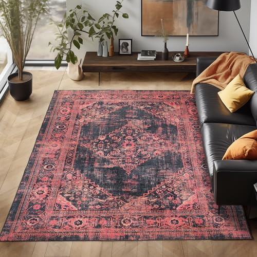 Waschbarer Teppich Flachgewebe Robust Modernes Design Vintage Optik rutschfest Teppich Wohnzimmer, Farbe: Rot, Größe: 80 x 250 cm